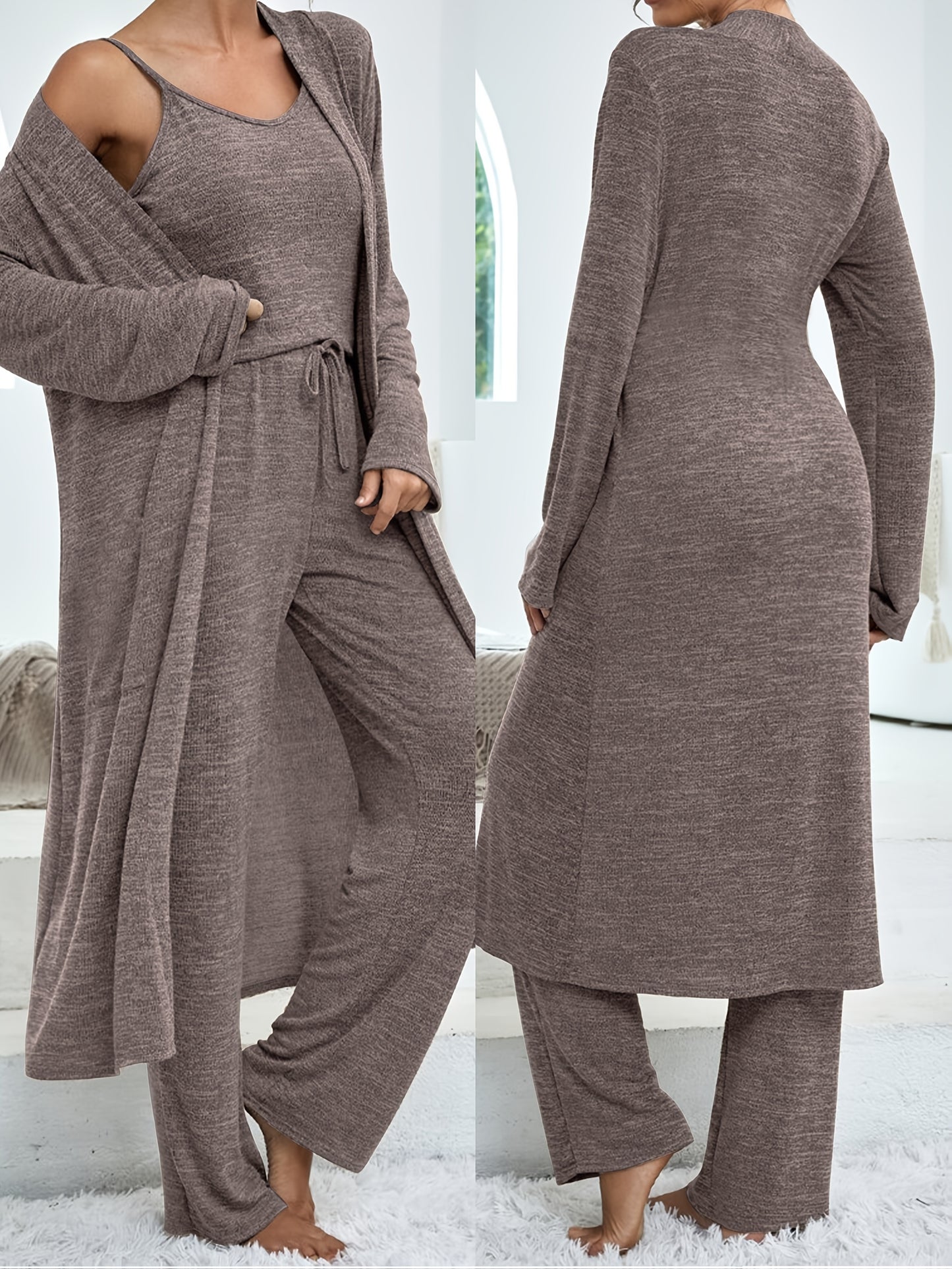 Women's Casual Home Suit • Solid Color Mid-Length Cardigan • Solid Color Camisole • Imitation Lace-Up Trousers • Three-Piece Suit for Women