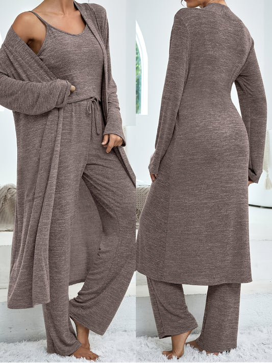Women's Casual Home Suit • Solid Color Mid-Length Cardigan • Solid Color Camisole • Imitation Lace-Up Trousers • Three-Piece Suit for Women