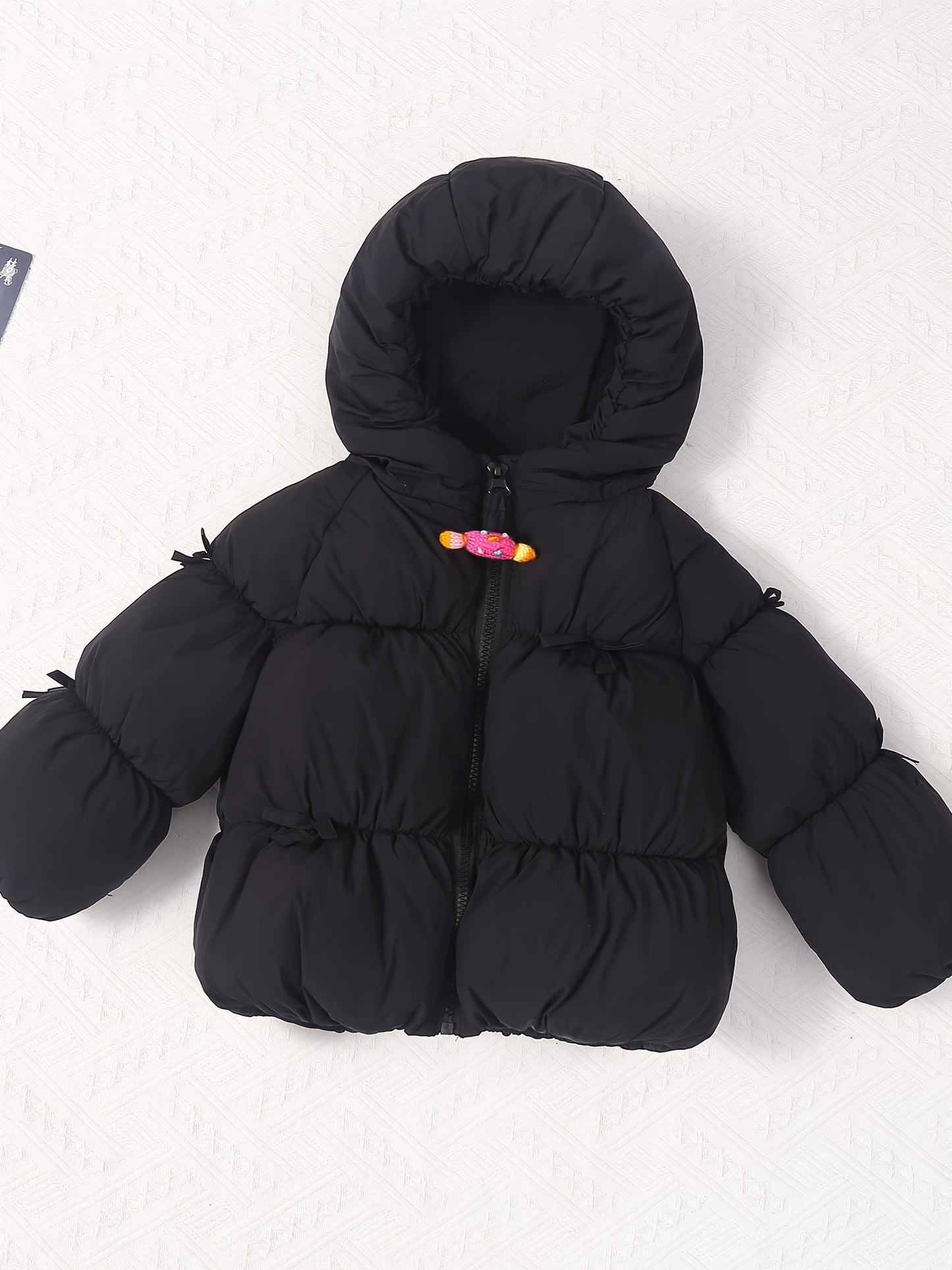Girls' Winter Warm Hooded Jacket with Heart & Bow Accent - Cute Red Coat, Full-Zip Front Closure, Soft Polyester, Cozy Fall/winter Outerwear For Everyday & Special Occasions, Winter Clothes For Girls, Fall Winter Wear, Playfu