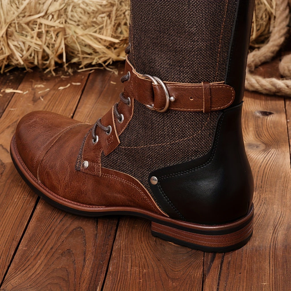Men's Brown Platform Combat Booties with Lace-Up Front, Side Zip, Adjustable Buckle Straps, and Non-Slip Rubber Sole - Ideal for Motorcycle Riding and Training
