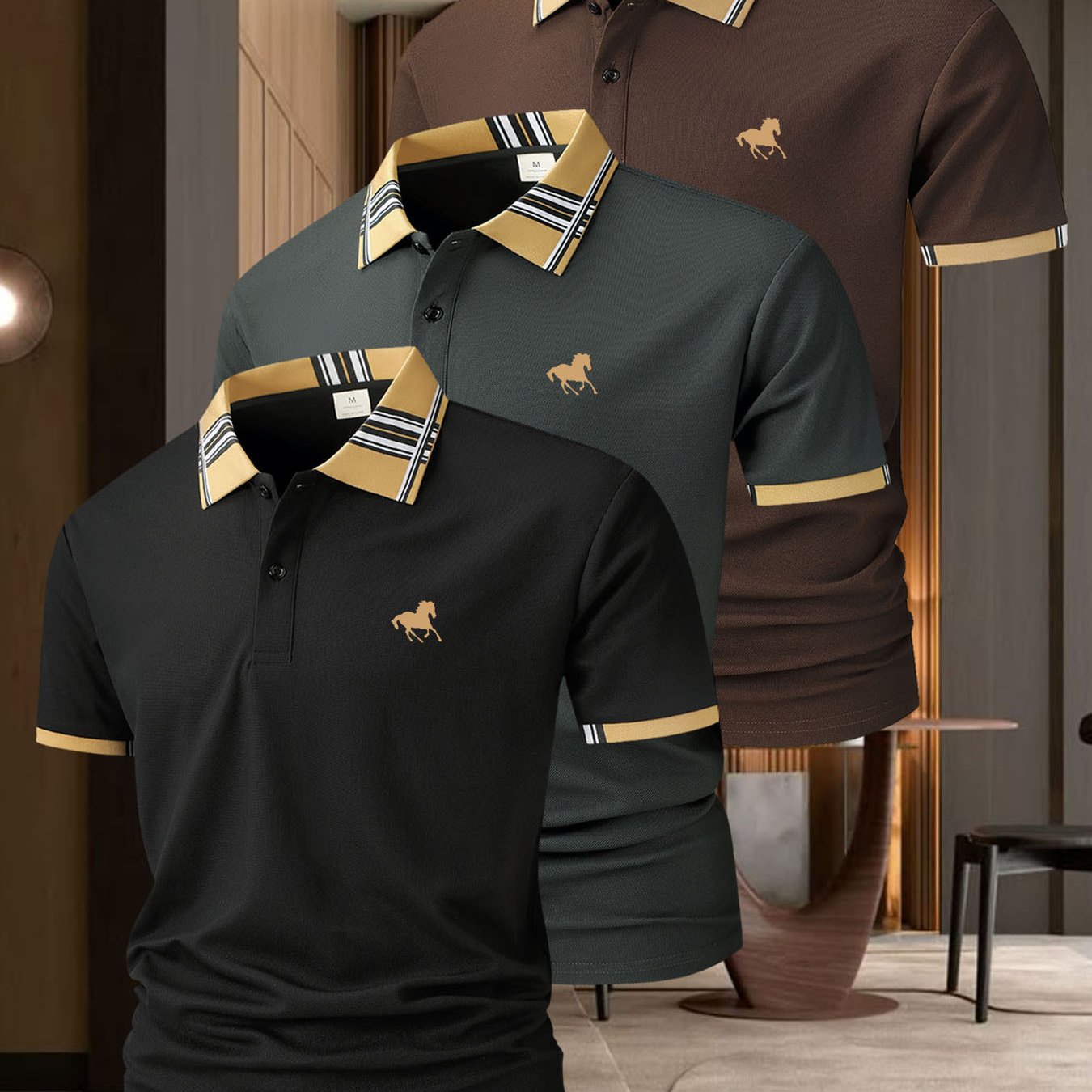 (AA046 Right Horse Racing Print Three-Piece Set) Milanese British Style Men'S Casual Short-Sleeved Shirt Popular Plaid Collar Golf Clothing Men'S Outdoor Sports Polo Shirt Lapel Polo Shirt Men'S Polo T-Shirt