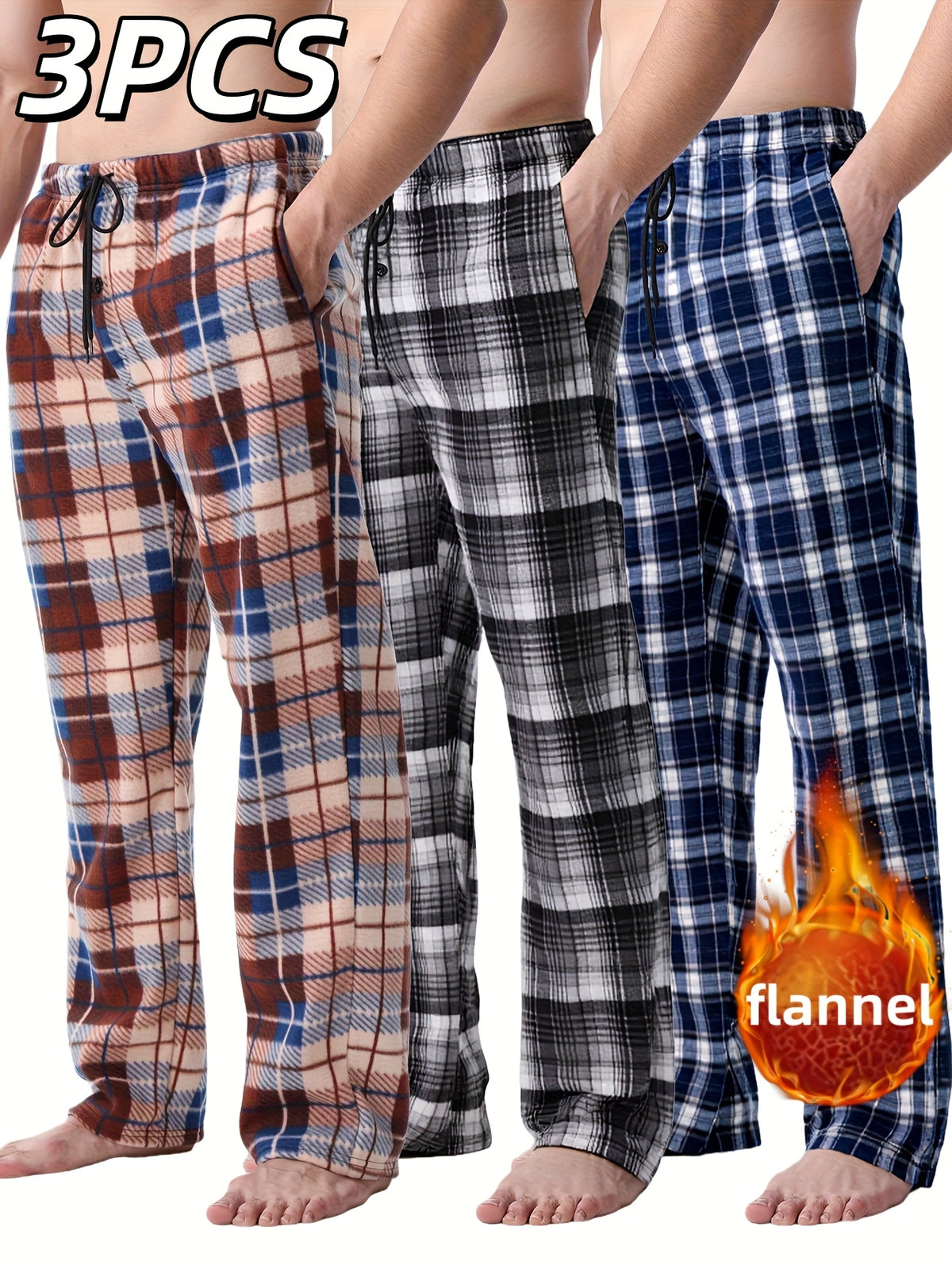 3pcs Men'S Brushed Fleece Flannel Pants with Checkered Print, Elastic Waistband & Side Pockets - Relaxed Fit Winter Sleepwear & Loungewear, Red/Black/White Plaid Design, Soft Warm Pajamas for Home, Casual Outfits, Versatile f