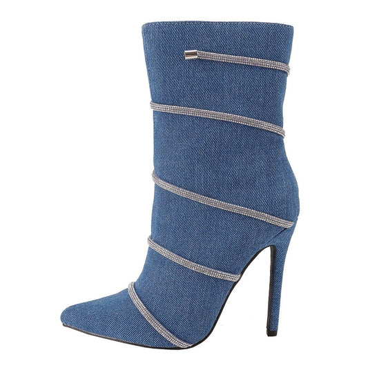 Crystal-Studded Heel Pointy Ankle Boots for Women