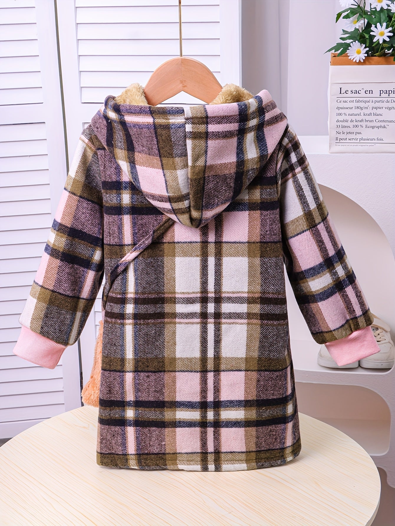 Girls' Plaid Fleece-Lined Hooded Jacket with Faux Fur Trim - Single-Breasted Button Front, Mid-Length Winter Coat for Autumn & Cold Weather, Machine Washable Casual Outerwear