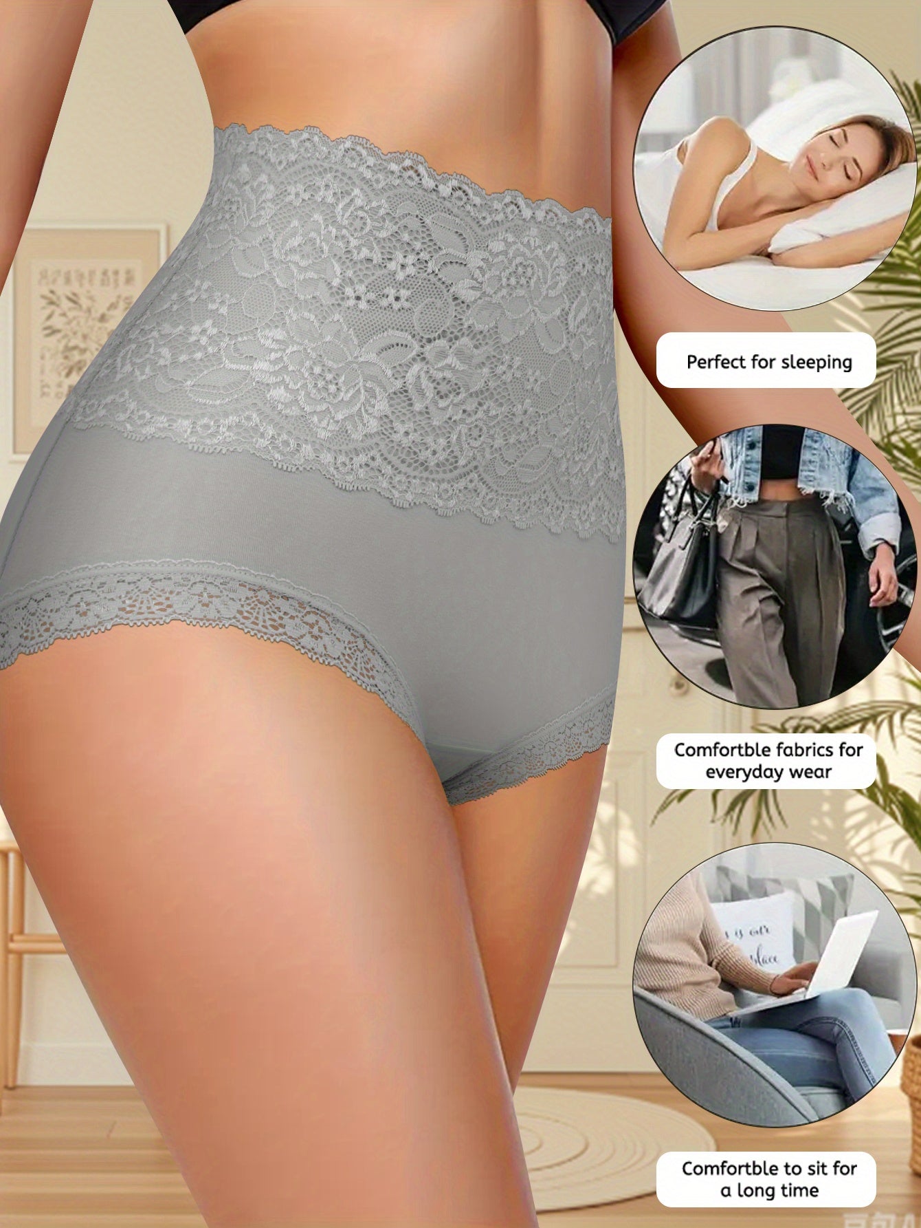 9pcs QUASTI Women's High-Waisted Panties - Elegant Solid Color, Lace-Trimmed, Breathable Comfort Fit, Contrast Lace Trim, High Waistband for Everyday & Special Occasions, Versatile Panty Wear, Sophisticated Underwear, Smooth