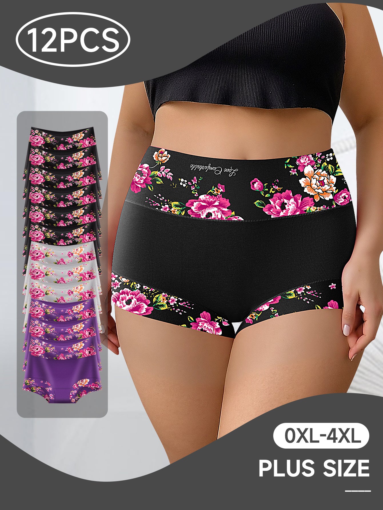 12pcs Women'S High Waisted Plus Size Underwear with Romantic Printed Design, Breathable And Not Constricting, Comfortable Base Layer Triangle Pants