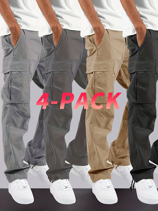 4pcs Of Men's Solid Pure Cotton Loose Fitting Long Waistband Multi Pocket Work Pants, Suitable for Outdoor Work In Autumn And Winter, Halloween Gift