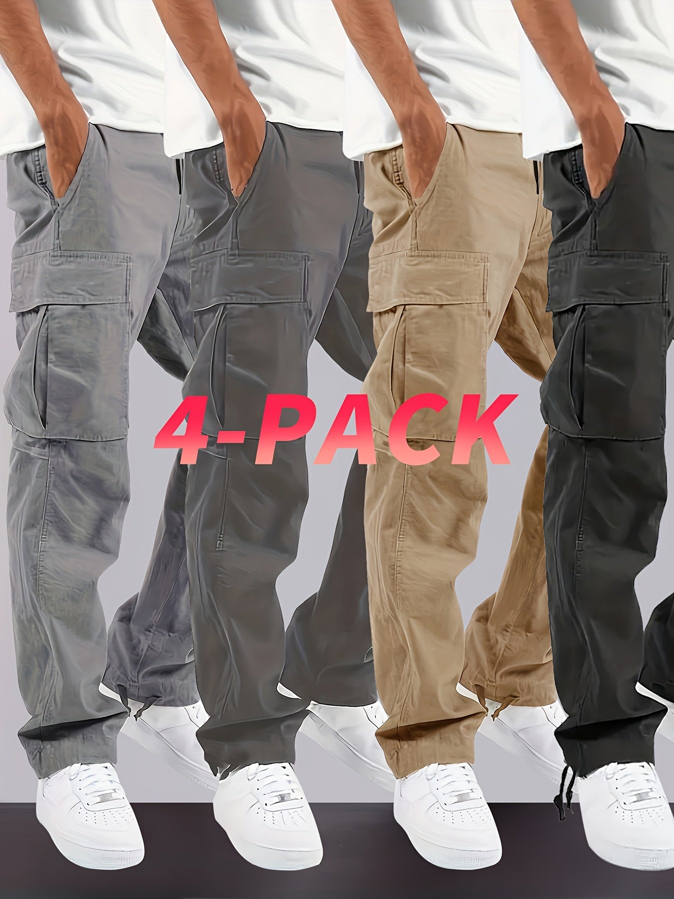 4pcs 's Heavy-Duty Cargo Pants with Elastic Drawstring Waist & Multi-Pocket Work Pants - Loose-Fit -Style Trousers for Outdoor,, Camping (Grey/Beige/Black/Brown) - Machine Washable (Teens & Adults), Perfect for Outdoor, for T