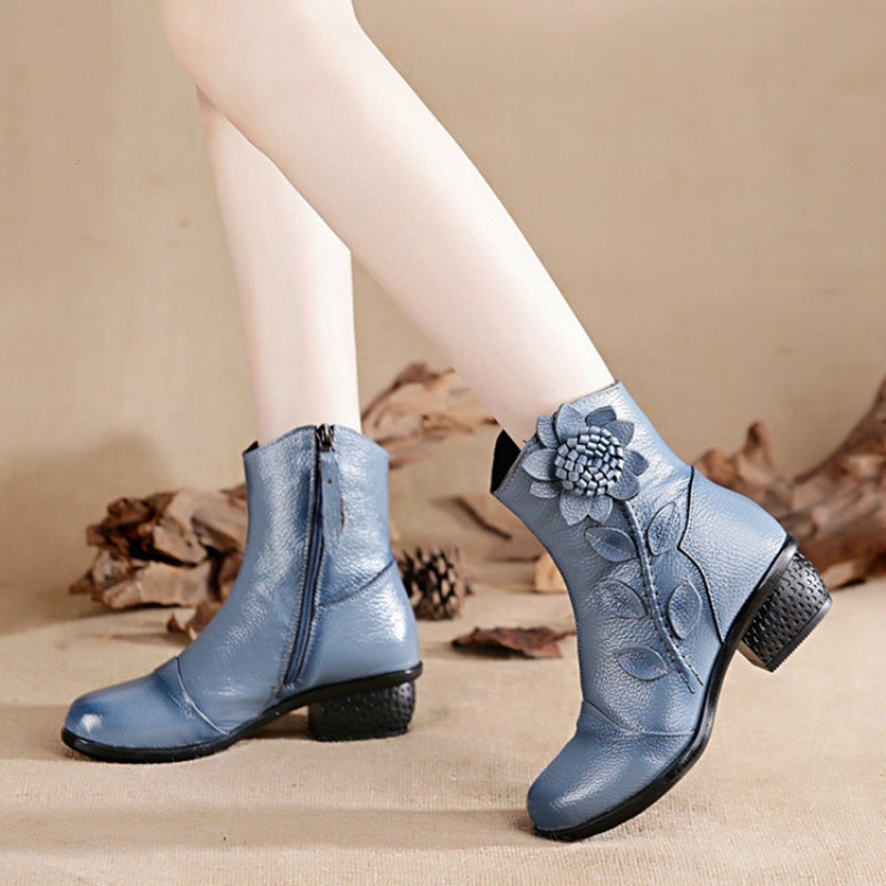 Women'S Genuine Leather Ankle Boots with faux fur - Vintage Bohemian Round Toe Mid-Heel Chunky Heel, Zipper Closure, Plush & Rubber Sole - Warm Winter Boots for