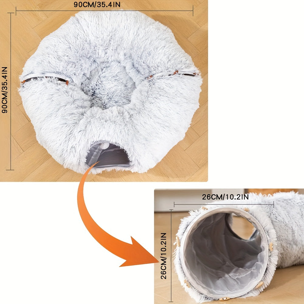 [Cozy Nest for Cats] 2-in-1 Plush Cat Tunnel Bed | Winter Warm Donut-Style Cozy Nest, Enclosed Hideaway with Peekaboo Hole & Hanging Pom Pom Toy, Extra Thick Soft Pet Bed for Anxiety Relief, Deep Sleep, Non Slip Bottom, Multi