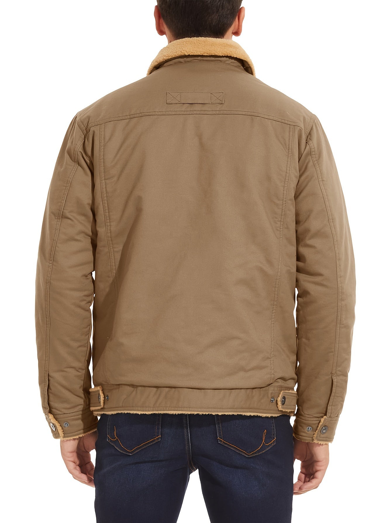 Men's Winter Jacket, Casual Grain Feel Fleece Washed Fabric Thick Soft Cozy Warm, Twill Texture Multifunctional Pocket Open Placket Metal Buckle, Trucker Style, Outdoor Running Hiking Climbing Camping Traveling Fishing Daily