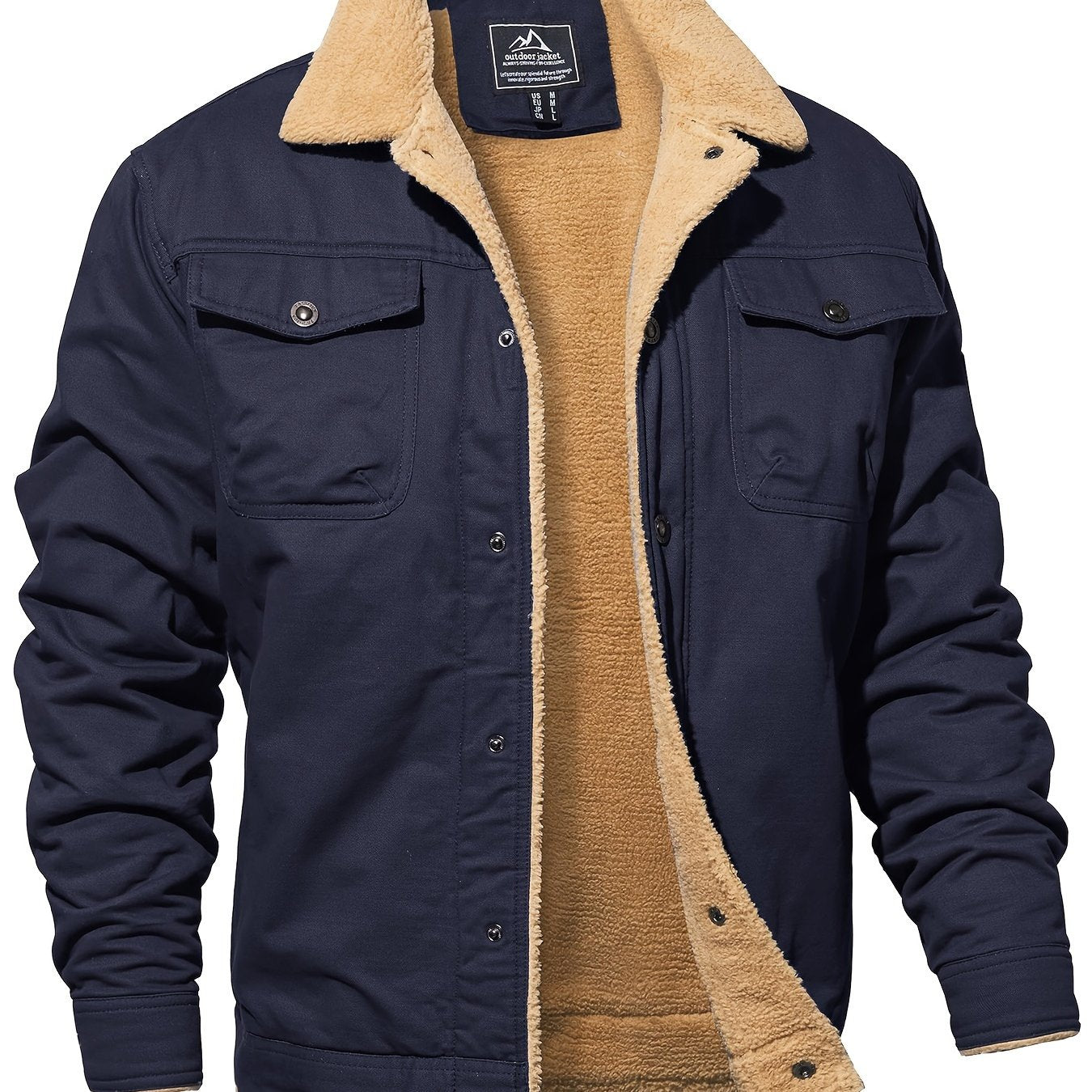 Men's Winter Jacket, Casual Grain Feel Fleece Washed Fabric Thick Soft Cozy Warm, Twill Texture Multifunctional Pocket Open Placket Metal Buckle, Trucker Style, Outdoor Running Hiking Climbing Camping Traveling Fishing Daily