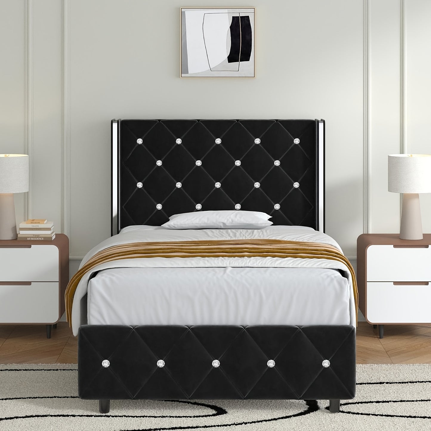 Twin Full Queen King Size Bed Frame, Upholstered Bed Frame with Diamond Tufted Headboard, Modern Silvery Side Wing Back, No Box Spring Needed, Easy Assembly, Purple, Black, Blue, Green, Pink, White