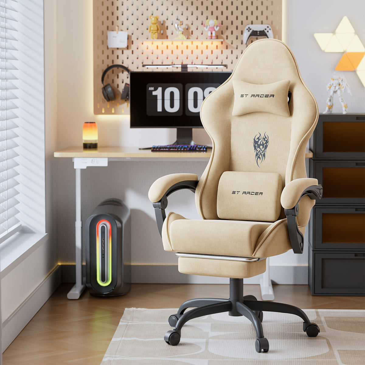 Ergonomic Velvet Fabric Gaming Chair | High Back with Massage & Footrest, Reclining, Racing Style with Headrest, Metal Frame, Wing Back, Rotating, Manual Recliner, Soontrans Brand