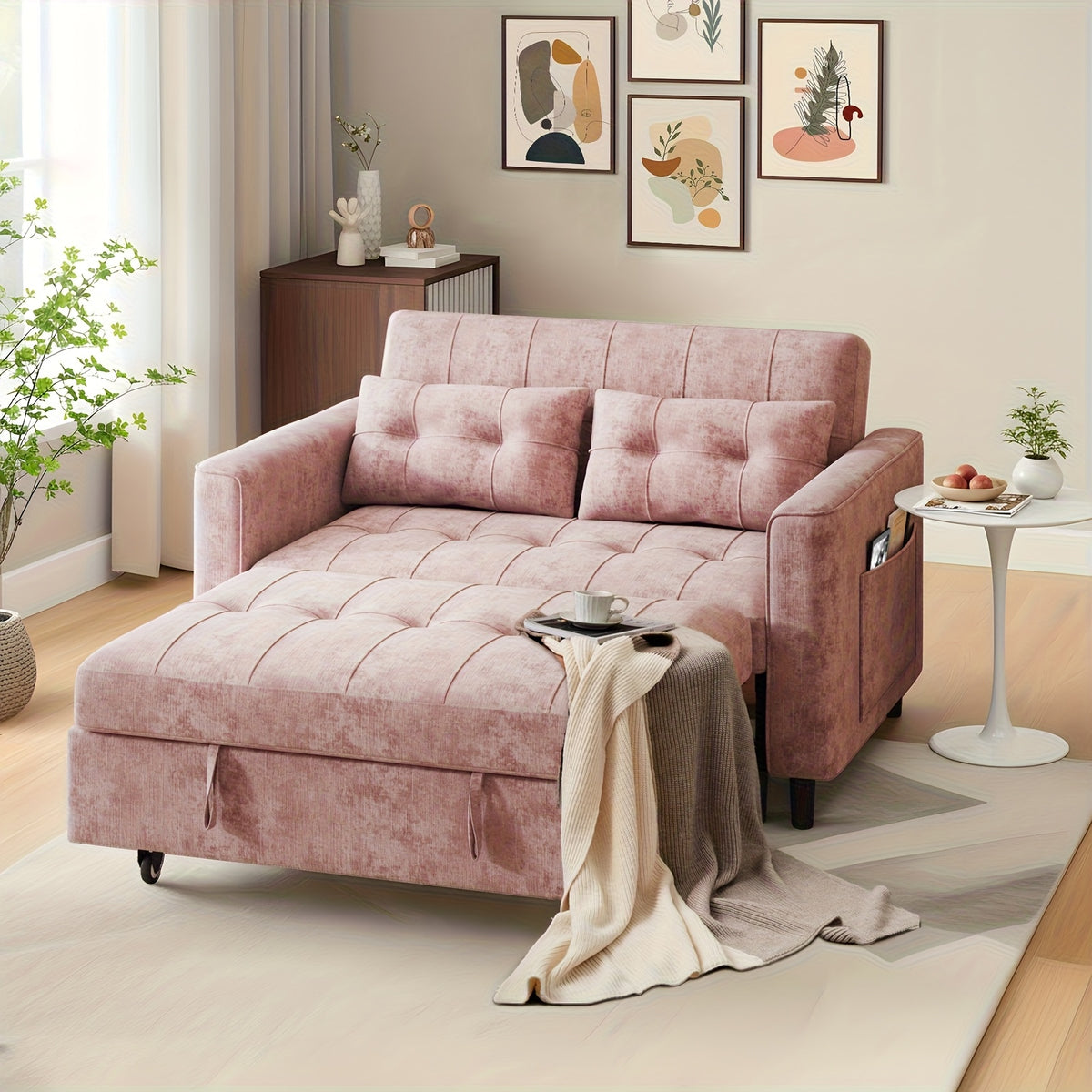 Convertible 3-in-1 Sofa Bed, Foldable Sleeper Chair with Pull-Out Design with Soft Chenille Fabric and Pull-Out Sleeper, Sturdy Wood Frame, Adjustable Backrest, Side Storage Pockets, Space-Saving Modern Sofa Bed for Living Ro