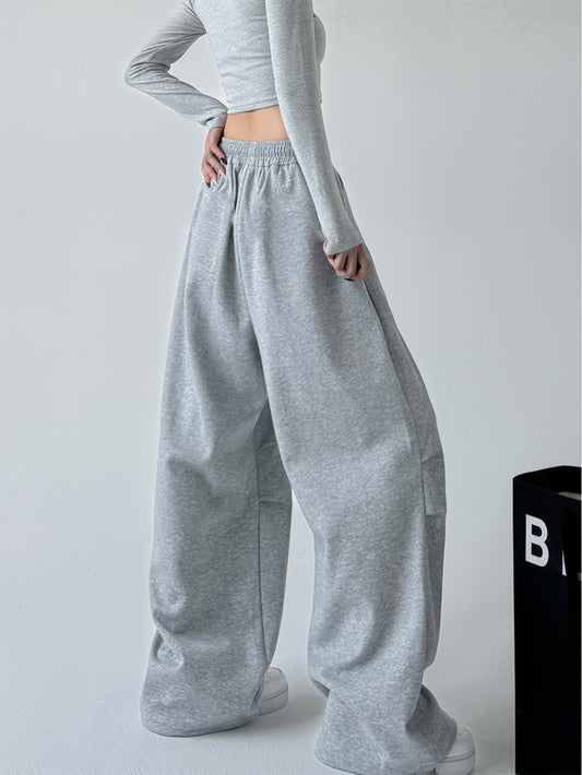 ' Thick Warm Fleece-Lined Straight-Leg Pants - Elastic Waist Loose-Fit Trousers with Ruffled Hem, Solid Color Casual Winter Pants for Teens, for Outdoor, For Teenager, Winter Pants For , Winter Clothes For , Winter Clothes Fo