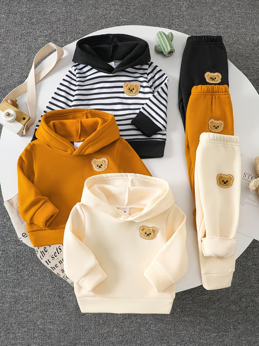 Baby Boy 3pcs/6pcs Plush Hooded Sweatshirt Set with Bear Badge - Soft Warm Winter Outfits, Striped & Color Options, Cozy Sweaters for & (Easy-Care) - Ideal Christmas/ Gift, Perfect for Outdoor