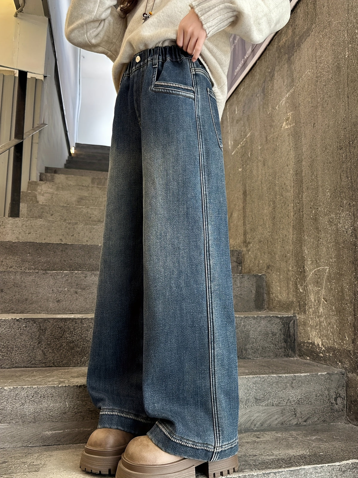 Girls' Fleece Lined Jeans for 7-16 Years | Warm Straight to Wide Leg Denim Pants, All Winter Cozy Casual Wear with Pockets.