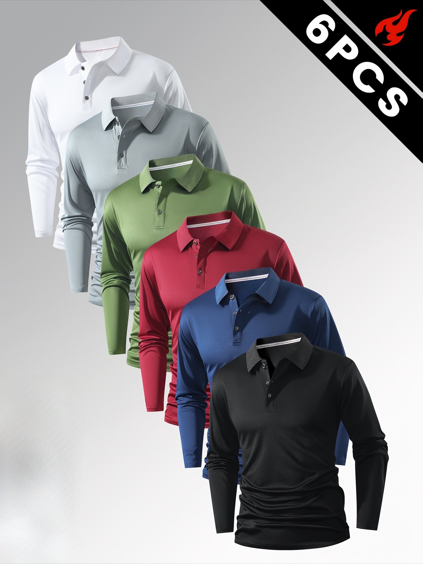 Six-piece Men's long-sleeve polos, featuring solid designs with versatile combinations suitable for various styles. Ideal for travel, business, golf, suburban outings, and sporty casual wear. Fashion-forward and easy to pair,