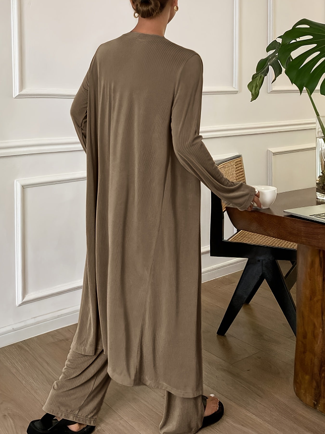 [Women's Loungewear Set] New Popular Women's Loungewear Set - Autumn And Winter Solid Color Sleeveless Square Neck Camisole, Straight Elastic Waistband Pants, Long Sleeve Cardigan - Comfortable Loose Pajama Set