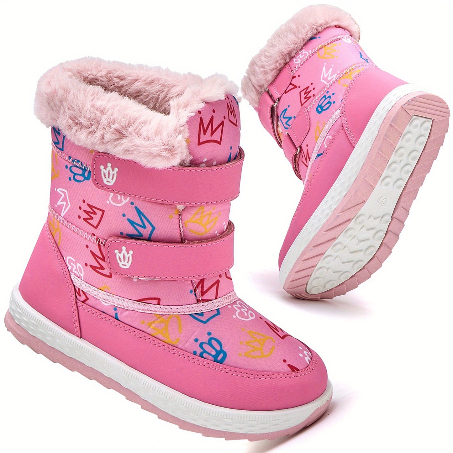 DACLAY Girls' & Boys' Slip-On Snow Boots - All-Season Winter Boots with Non-Slip EVA Sole, Soft Fabric Lining - Pink with Crown, for Toddler to Kids (Easy Slip-On Closure, Lightweight Cold Weather Footwear) - Ideal Birthday o