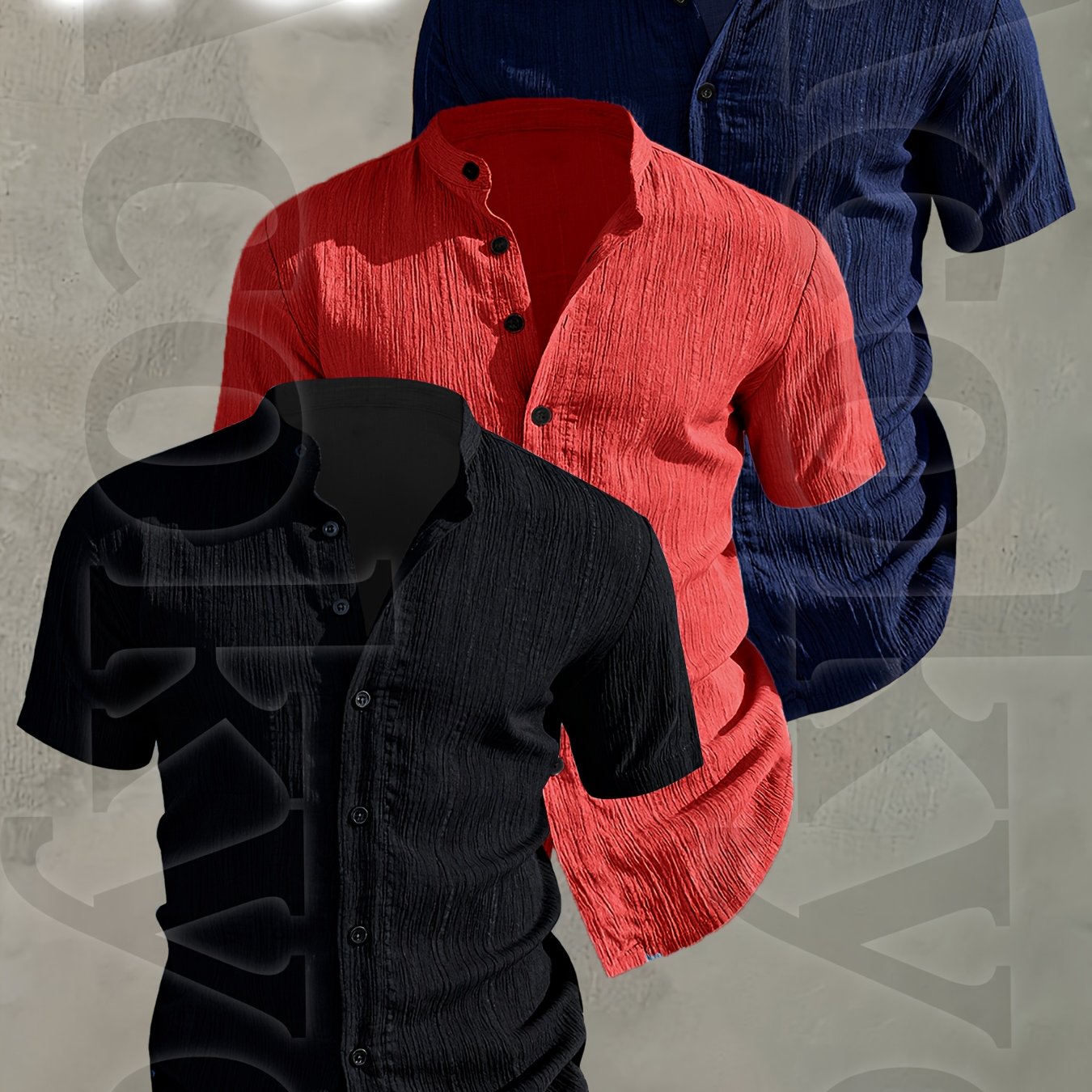 3pcs Set Men's Summer Short Sleeve Shirts • Lightweight Breathable Solid Color Button Casual Shirts with Stand Collar • Ideal for Beach Vacations, Pool Parties, and Daily Wear