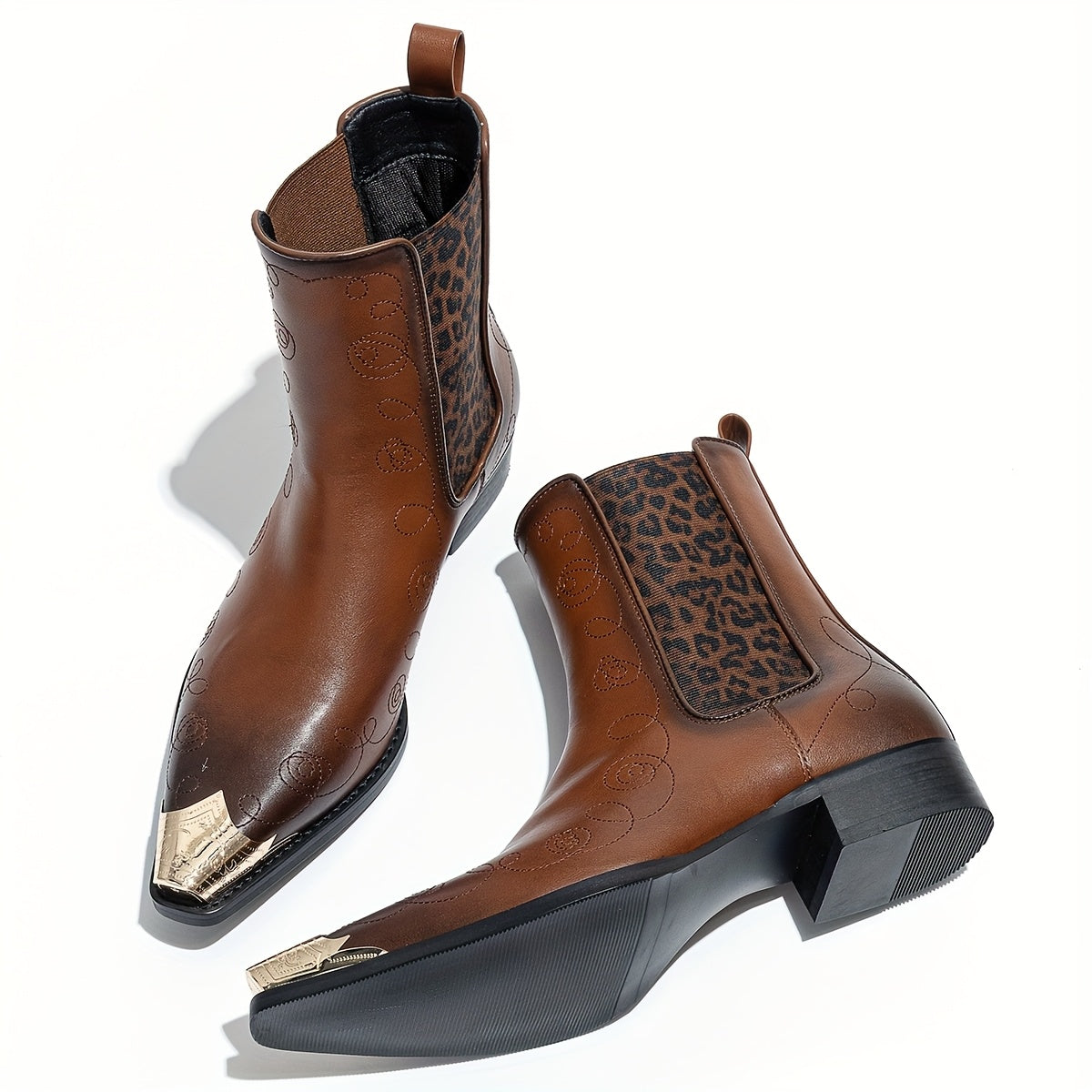 Men's Slip-On Iron-Toed Cowboy Boots with Imitation Leopard Print & Elastic Band - Low Heel Western Chelsea Boots, Pointed Toe & Round Sole for Weddings, Parties, Business - All-Season Comfortable Booties