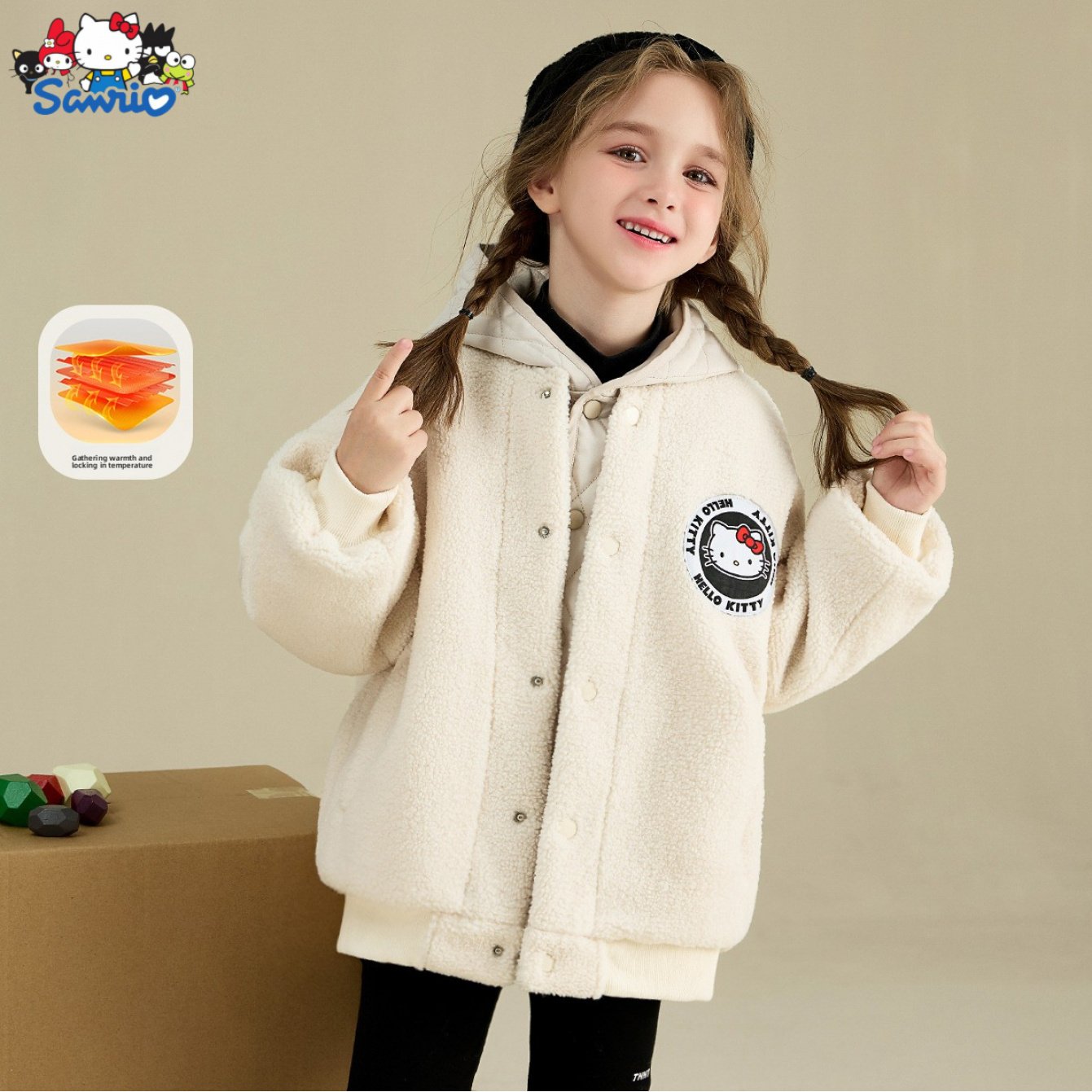 [Officially Licensed] Sanrio for hello kitty Girls' Thickened Warm Fake Two-Piece Jacket Cartoon Warm Winter Thickened Outerwear Comfortable Fabric Soft Skin-Friendly Fake Two-Piece Hooded Design Versatile Perfect Gift for Fa