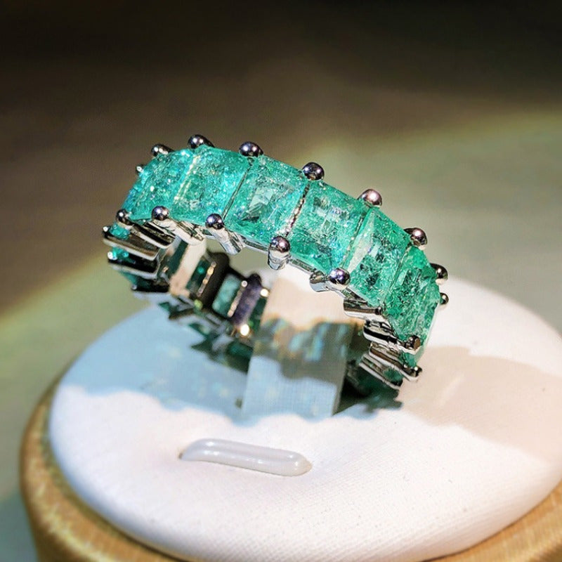 Full-circle Synthetic Paraiba Ring for Women, Princess-cut Stone, Suitable for Gatherings, Parties and Daily Wear