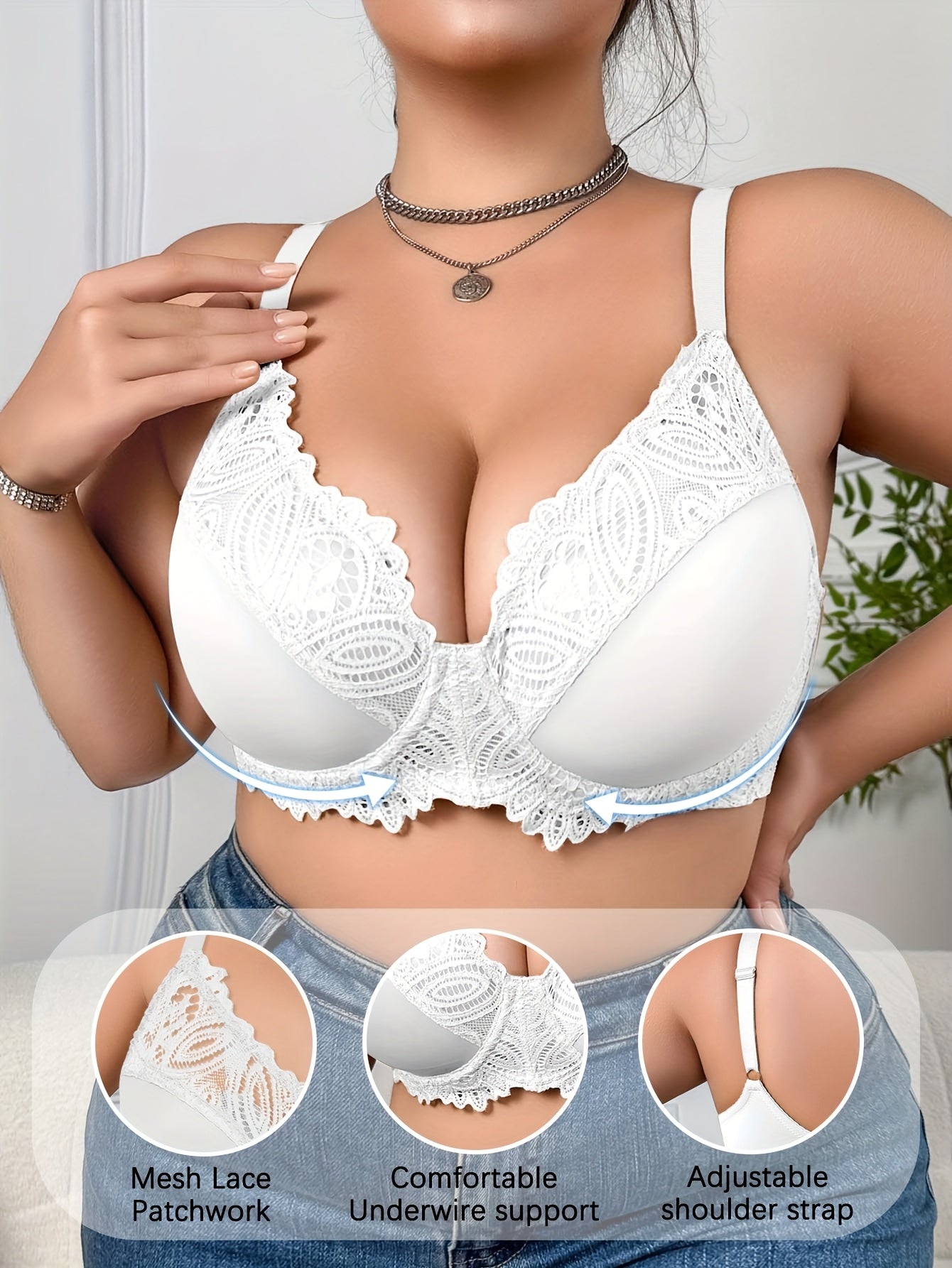 4pcs Plus Size Elegant Full Cover Underwire Lace Bra, Comfortable Fit, Breathable, Adjustable Straps Soft Stretch Fabric for All-Day Comfort- Perfect for Casual Attire, Plus Size Underwire Lightly Padded Bra, Women Bras for W