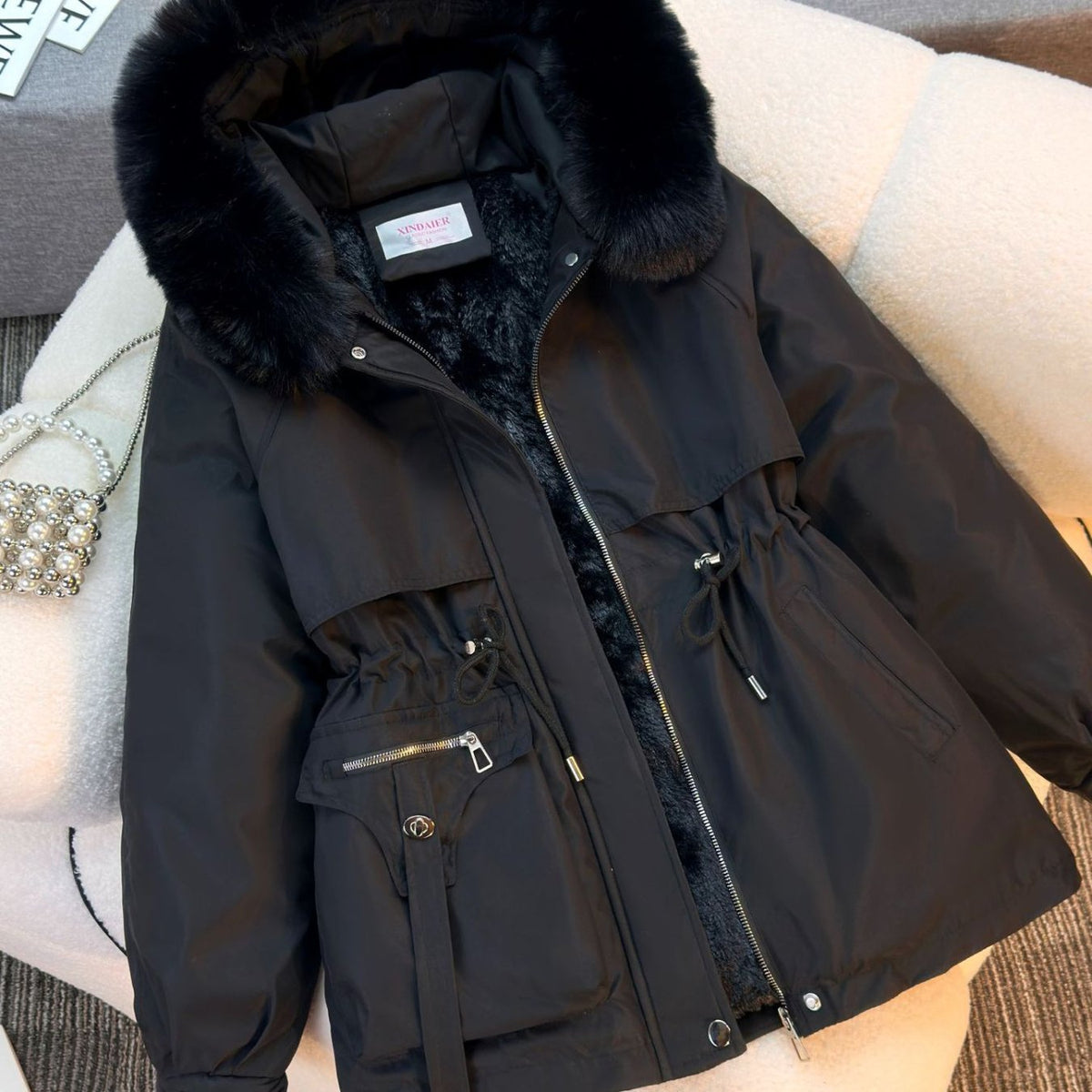 Women's Cold-Weather Fleece-Lined Fur Collar Parka Coat - One-Piece Winter Jacket with Pockets, Solid Color Casual Outerwear (No /Hoop Ears/Short Sleeves) for Extreme