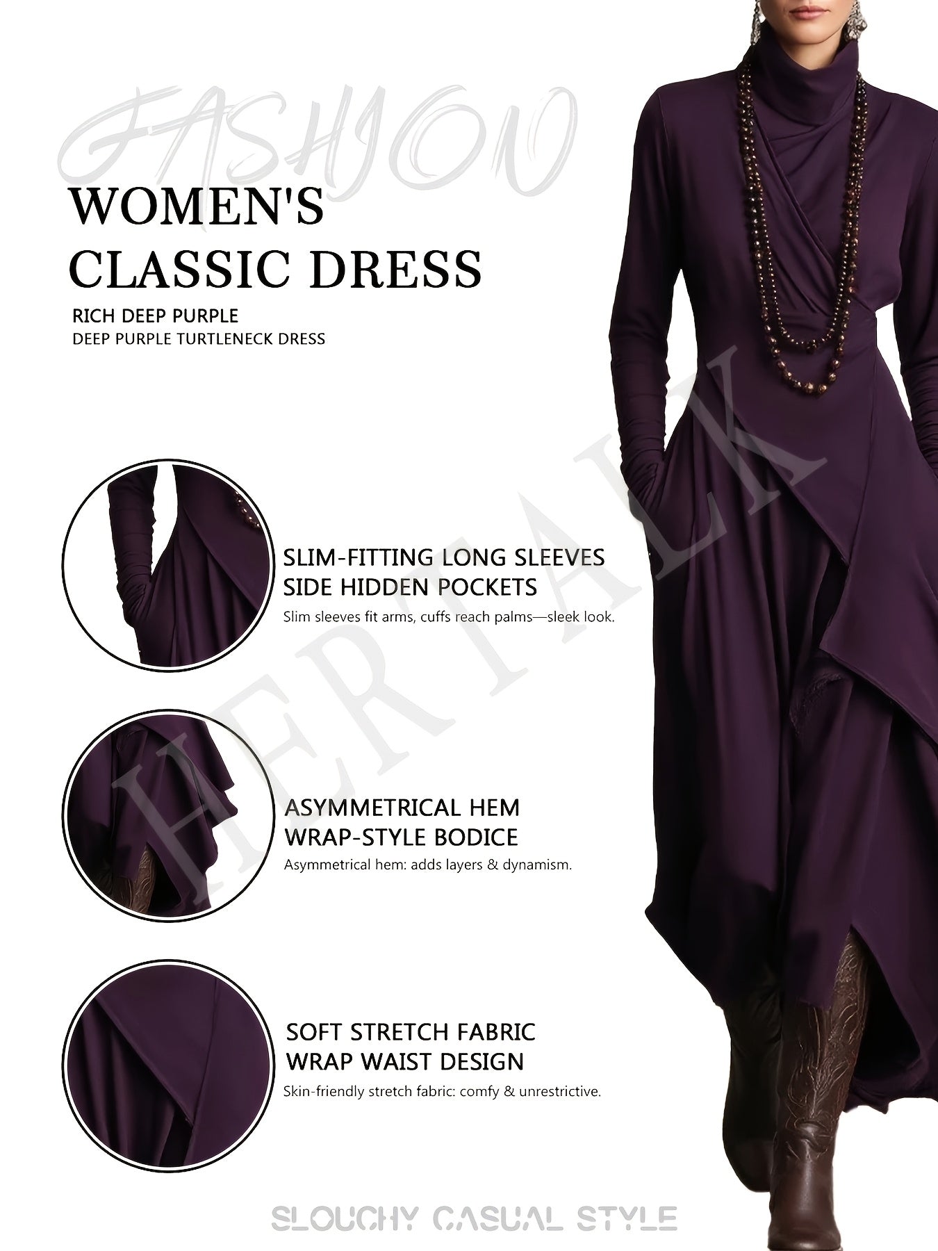 Plus Size - HERTALK Women'S Solid Color Long-Sleeved Cross High-Neck Dress Long Dress