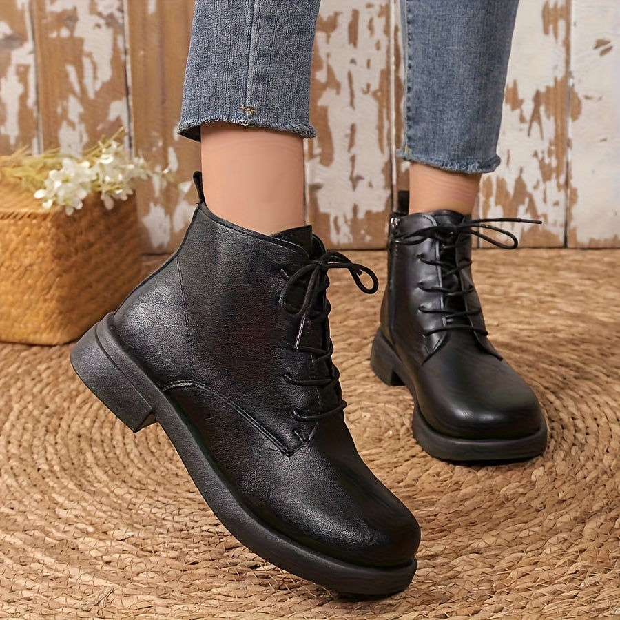 A Pair Of Round-toed, Thick-soled, Solid-color, Lace-up, Low-heeled, Anti-slip, High-top Women's Single Shoes for Autumn And Winter, Short Ankle Boots, Women's And Nude Boots