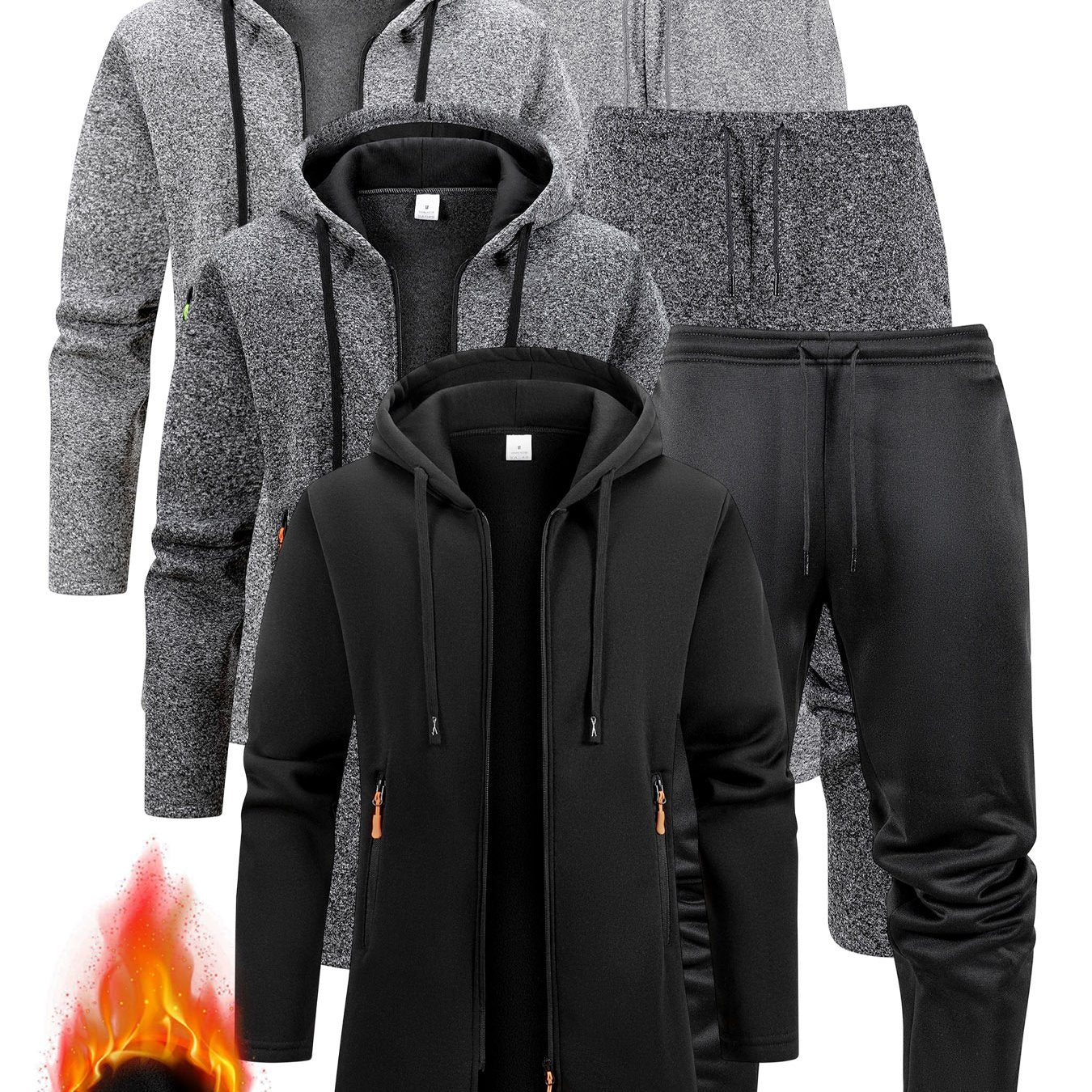 Three Interchangeable Korean-Style Casual Outfits for Men • Trendy Colors That Exude Sophistication • Comfortable And Warm Set Includes a Hooded Fleece Jacket • Drawstring Pants That Have Pockets