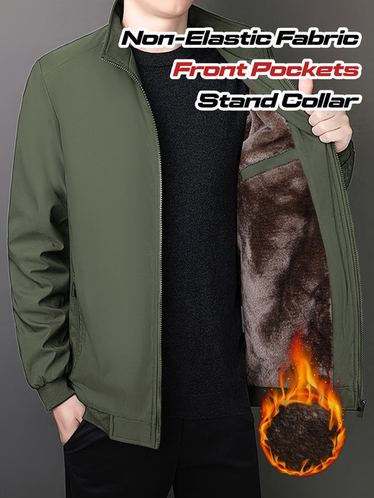 Men'S Thermal Insulated Fleece-Lined Stand Collar Jacket - Heavyweight Winter Coat with Zipper Closure, Full-Zip Casual Outerwear, Shell & Fleece Lining, Regular Fit, Front Pockets, Solid Color (Black/Brown/Tan) for Autumn &