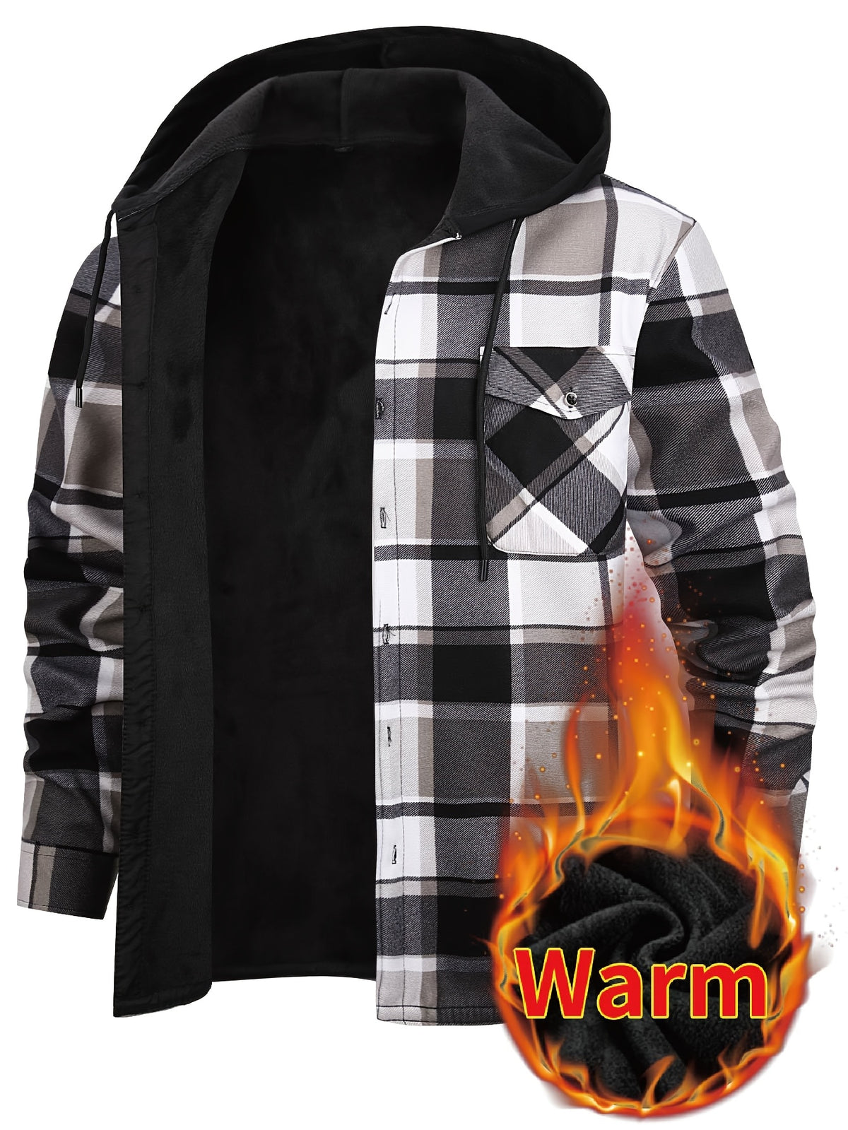 Men's Winter Plush-Themed Hooded Shirt Jacket - Thickened Button-Front Outdoor Coat with Pockets, Loose Fit Casual Blazer (Hand Washable, Fall/Winter) | European/Emerican Sizing for Cold Weather Layering