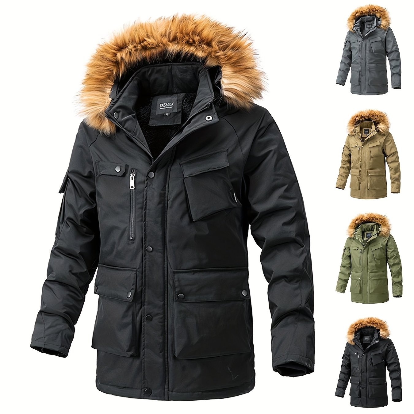 Men's Windproof Fleece-Lined Winter Parka Jacket with Hood - Full-Zip Thickened Coat, Loose-Fit Ski Hiking Coat, Zippered Pockets & Hooded Collar, Mid-Length Warm Outerwear for Snow & Cold Weather (Casual)