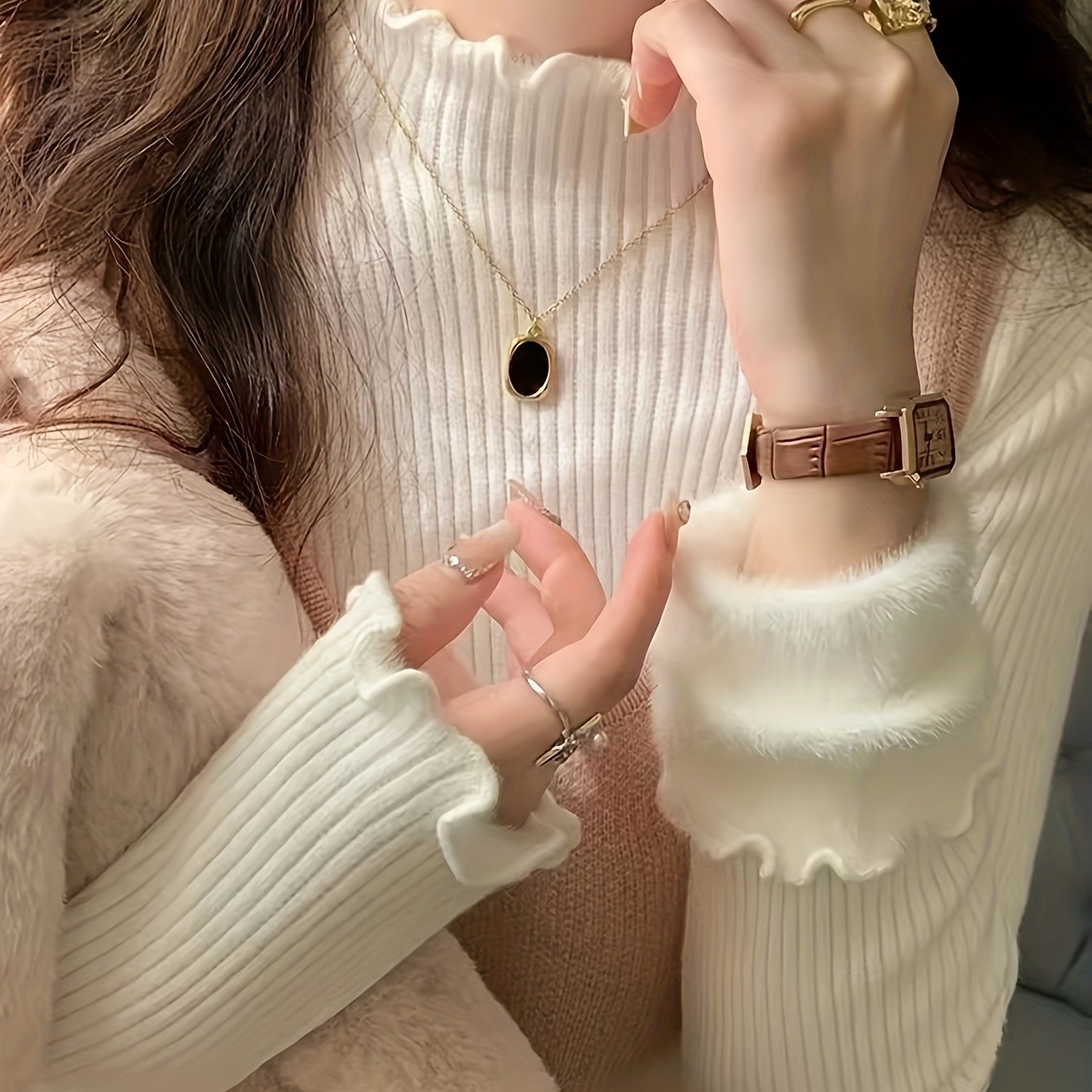 Solid Color Autumn Winter Early Spring Half High Neck Ruffle Fleece Lined Knit Sweater