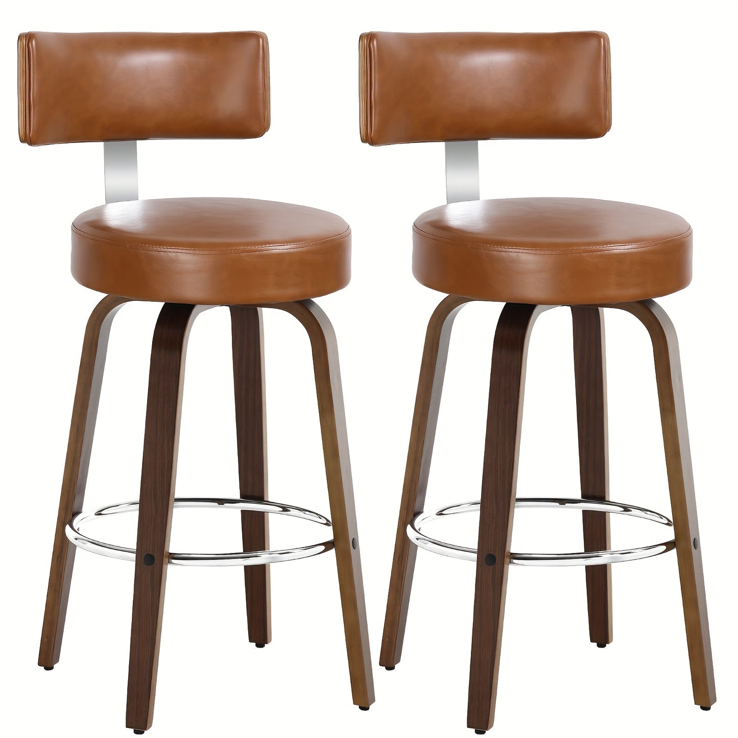 Bar Stools Set of 2, Faux Leather 360° Swivel Barstools with Back and Round Seat, Modern 26"/29" Bar Height Upholstered Bar Chairs Island Stools for Kitchen Counter, Walnut Bentwood Legs