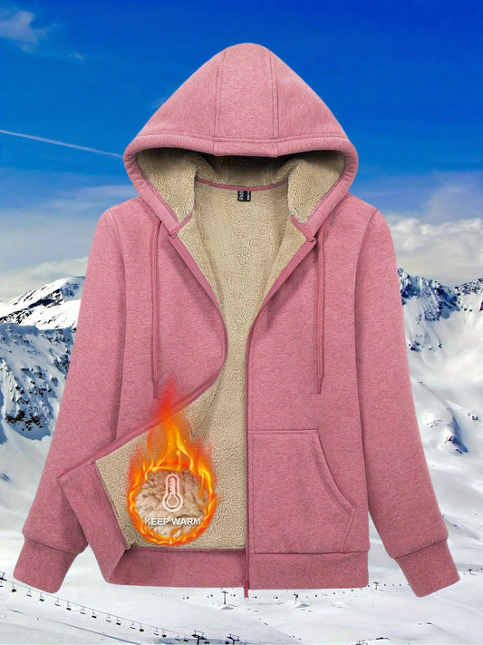 Women'S Full-Zip Hooded Jacket with Fleece - Heavy-Duty Thermal Insulation, 2 Large Pockets, Soft Stretch Fabric & Adjustable Drawstring Hood - Winter Warmth for Hiking, Camping, Streetwear - Spring/Fall Outdoor Coat (Solid C