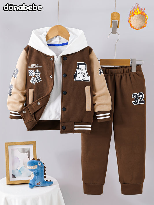 [2pcs Fleece-Lined Boys' Set] 2pcs Boys' Fleece-Lined Baseball Jacket & Sports Pants Set | Thickened Winter Suit with Classic Letter & Number Print | Warm, Casual, Comfortable for Outdoor