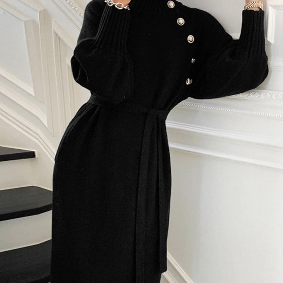 Women'S French Style Elegant High Neck Long Over-the-Knee Sweater - All-Season Solid Color Base Layer with Belted Waist, Thick Warm Winter Coat Inner, Casual to Formal Outfits, Durable & Comfortable Layering Piece for Dresses