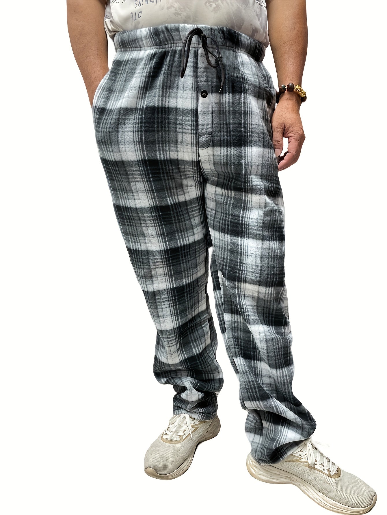 [4pcs Fleece Plaid Pants] 4pcs Set of Double-Sided Brushed Fleece Flannel Plaid Pants, Plaid Print Casual Sports Pants, Men's Outdoor Casual Sports Wear, Versatile Style, Details Elastic Band Plus 2 Insert Pockets