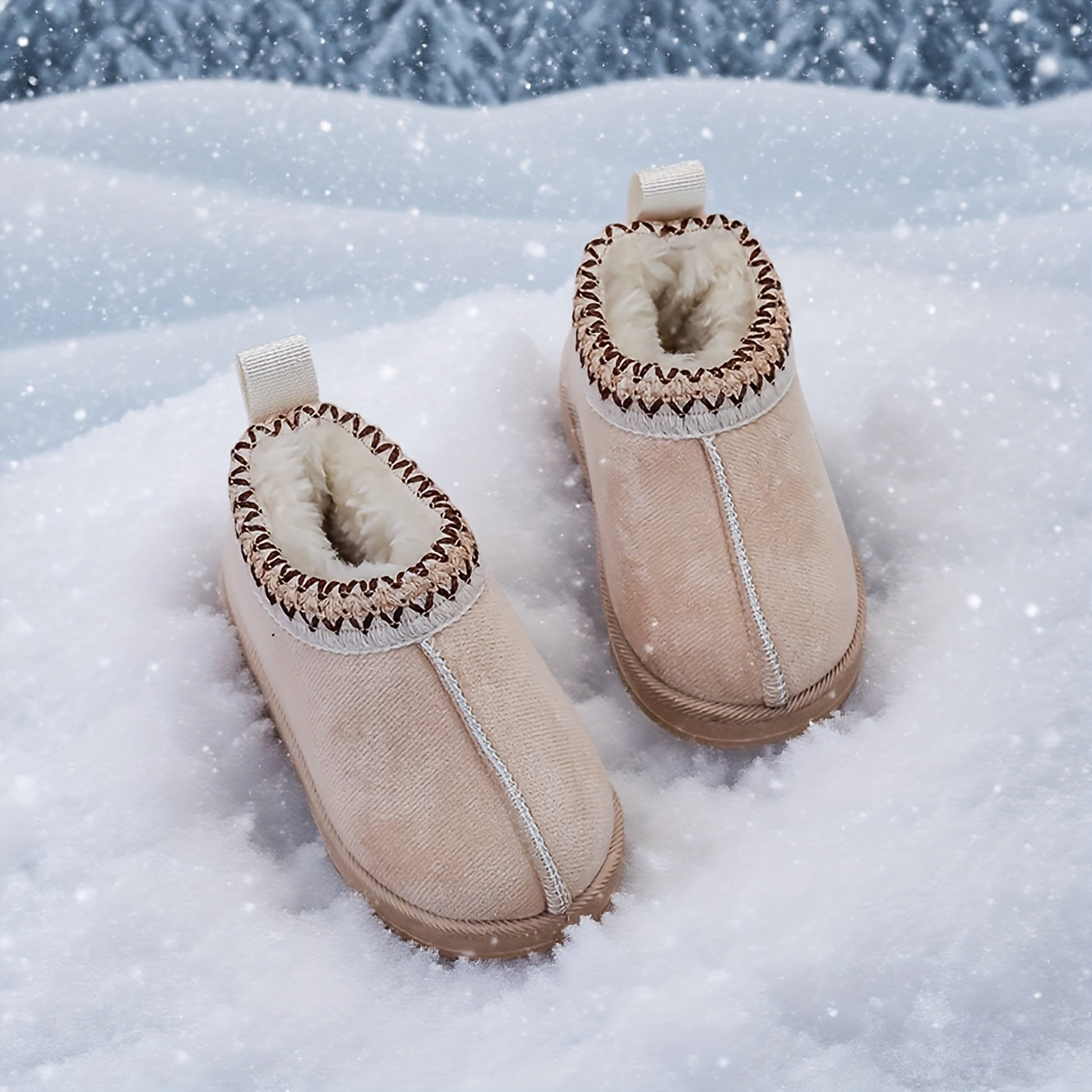 [Girls' Winter Snow Boots] Cozy Warm Girls' Winter Snow Boots with Plush Faux Fur Collar & Non-Slip Rubber Sole | Soft Fabric Upper, Mid-Calf Height, Round Toe Design for Outdoor Hiking, Casual Wear | Slip-On Boots for Youngs