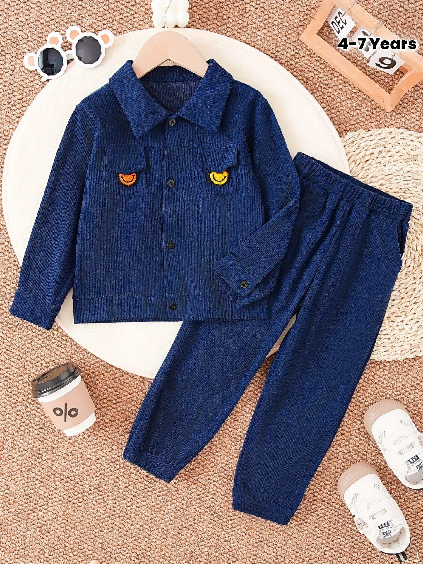 2pcs 2025 Fall/Winter Original Designer Set, Blue Thickened Corduroy Bear Shirt + Pants, Trendy Warm Two-Piece Set, Light Beige-Friendly Casual Fashion Set, Simple Jacket with Joggers, Stylish and Neat. Suitable for Campus At