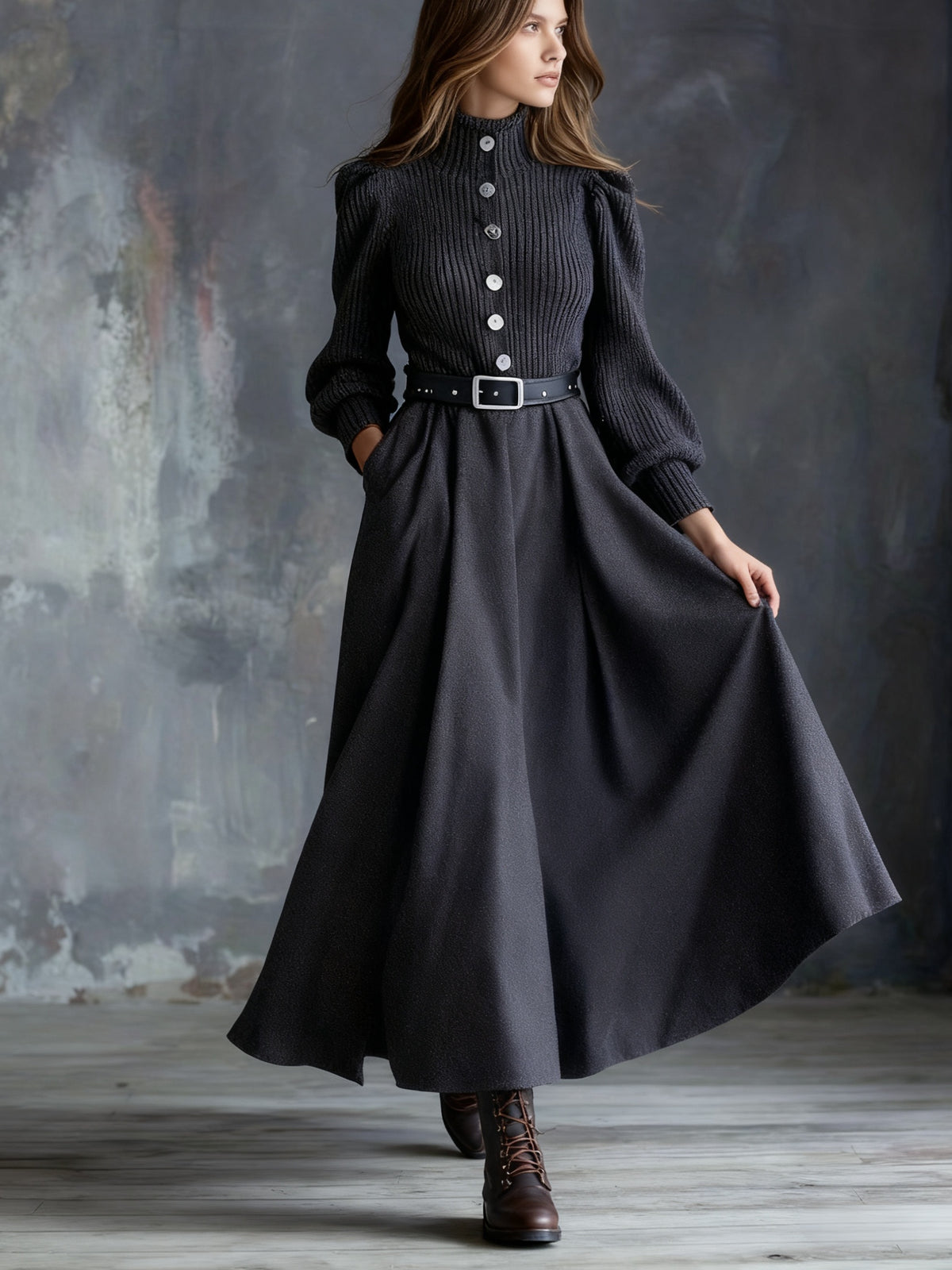 KIMKING Women's Dark Gray Dress - Elegant A-Line Long Sleeve Turtleneck Winter Dress with Cinched Waist, Single-Breasted Button Front, Long Train (-Length) for Weddings, Parties & Formal Events - Warm Winter Outfit