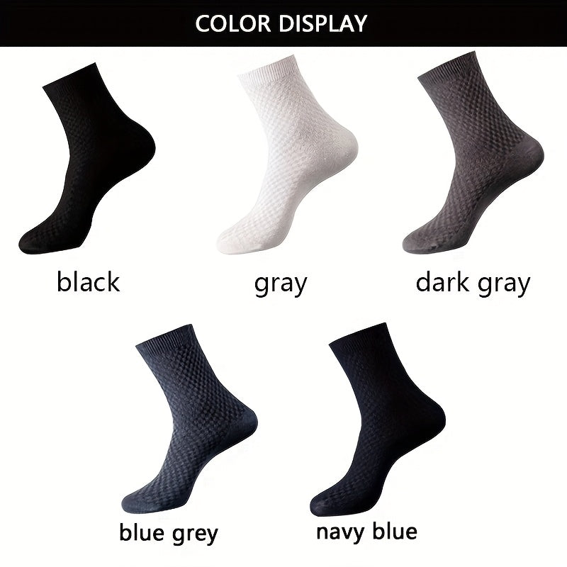 [Breathable Bamboo Socks] 5 Pairs Bamboo Fiber Men's Mid Tube Socks | Breathable Business Casual Formal Socks, Double Needle Dark Square Pattern