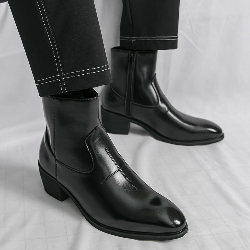 Men's Height-Increasing British Style Boots - Glossy Black Slip-Resistant Round Toe, Mid-Calf to Ankle Height Adjustable, All-Season Comfort for Weddings, Parties, Business & Casual - Versatile Dress Boots for Men, Casual Dre