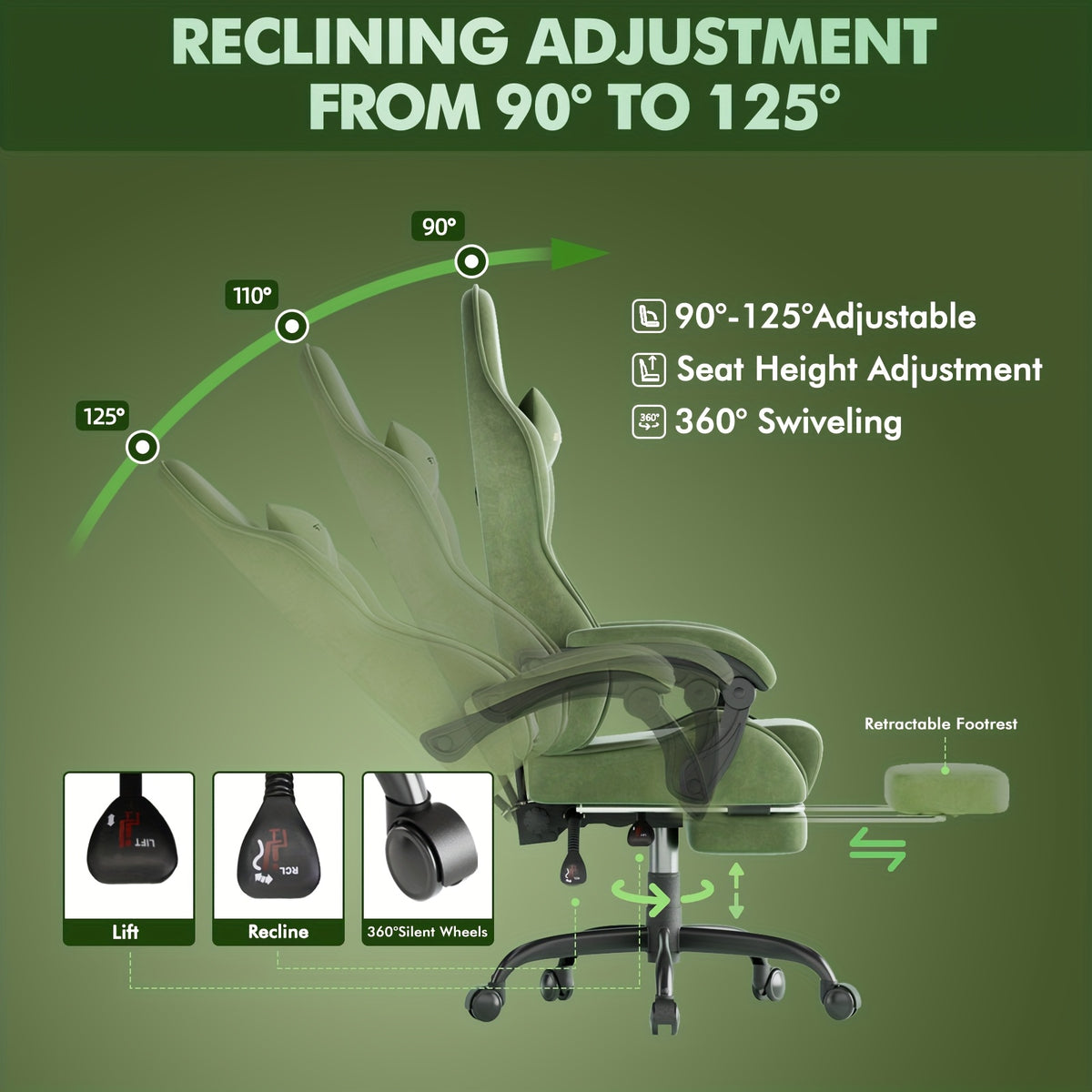 Ergonomic Velvet Fabric Gaming Chair | High Back with Massage & Footrest, Reclining, Racing Style with Headrest, Metal Frame, Wing Back, Rotating, Manual Recliner, Soontrans Brand