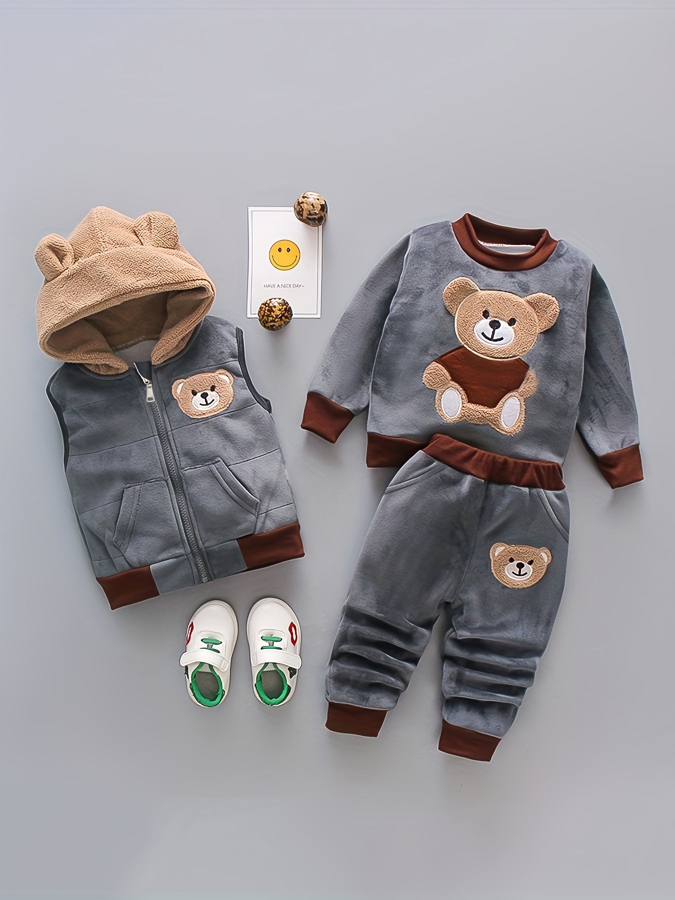 Boy's Thermal Velvet Outfit 3pcs/Bear Patchwork Sweatshirt & Hooded Vest & Jogger Pants Set/Toddler Kid's Clothes For Spring Fall Winter Daily & Outdoor Wear